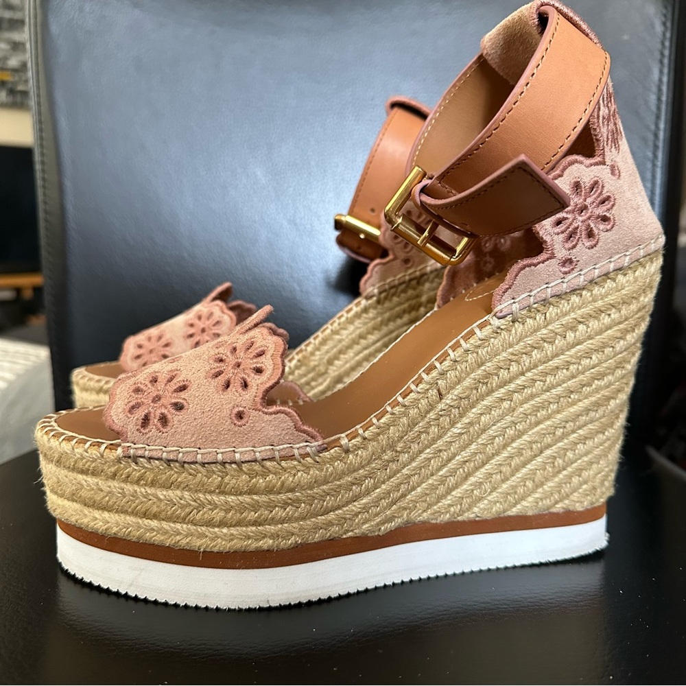 See By Chloe Pink Floral Wedge Sandals